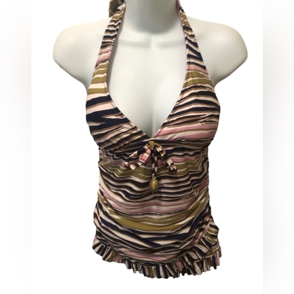 Becca By Rebecca Virtue Striped Halter Style Ruffle Skirt 1PC Swimsuit Sz. M - Picture 4 of 9